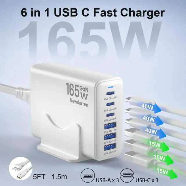 Alt view image 2 of 7 - 165W GaN USB C Charging Station, 6-Port Desktop Charger with 40W USB-C Fast Charging, Multiport Charging Hub for MacBook, iPhone 17/16/15, iPad, Samsung Galaxy, Tablets, Home Office White