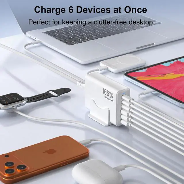 Alt view image 4 of 7 - 165W GaN USB C Charging Station, 6-Port Desktop Charger with 40W USB-C Fast Charging, Multiport Charging Hub for MacBook, iPhone 17/16/15, iPad, Samsung Galaxy, Tablets, Home Office White