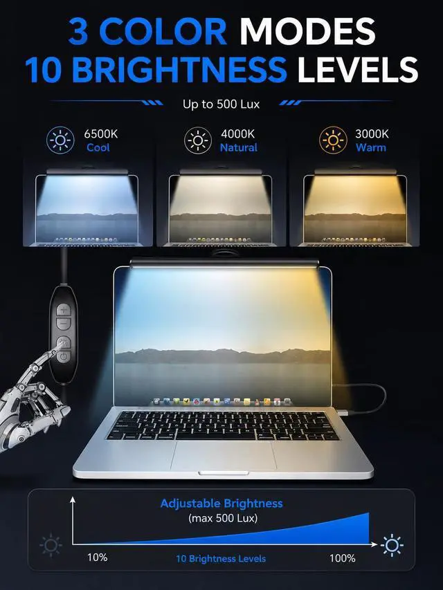 Alt view image 6 of 7 - Laptop Monitor Light Bar, USB e-Reading LED Task Lamp, 3 Adjustable Color Temperature, 10 Dimming Brightness Levels, No Screen Glare, Space Saving, Eye Health Care, Portable for Travel