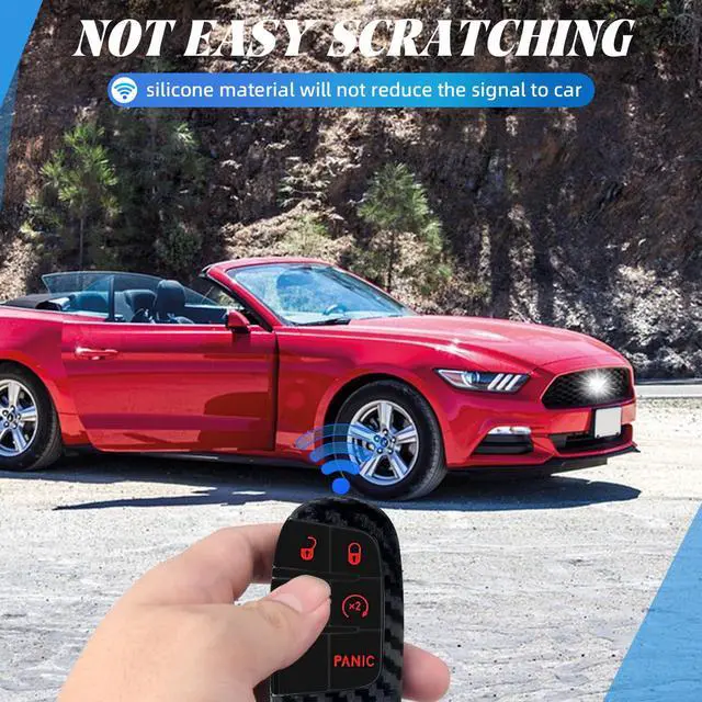 Alt view image 3 of 6 - for Dodge Key Fob Cover with Double Slash Keychain, Car Key Cover Compatible with Dodge Charger Challenger Cherokee Dart Durango Trailhawk Grand RAM Renegade Journey, 5 Buttons (Carbon-Red)