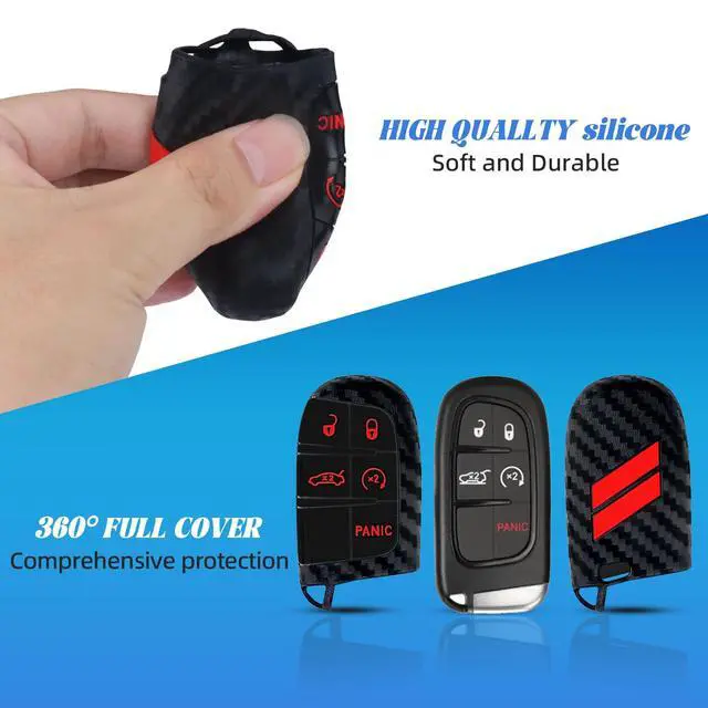 Alt view image 4 of 6 - for Dodge Key Fob Cover with Double Slash Keychain, Car Key Cover Compatible with Dodge Charger Challenger Cherokee Dart Durango Trailhawk Grand RAM Renegade Journey, 5 Buttons (Carbon-Red)