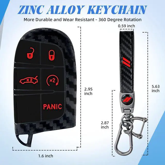 Alt view image 6 of 6 - for Dodge Key Fob Cover with Double Slash Keychain, Car Key Cover Compatible with Dodge Charger Challenger Cherokee Dart Durango Trailhawk Grand RAM Renegade Journey, 5 Buttons (Carbon-Red)