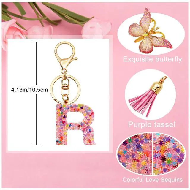 Alt view image 2 of 6 - Initial Letter Keychain for Women Gift for Young Teenage Girl Gifts for Christmas to Mom Daughter Pink tassel (pink snow LetterR)
