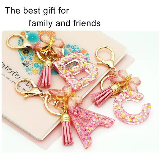 Alt view image 3 of 6 - Initial Letter Keychain for Women Gift for Young Teenage Girl Gifts for Christmas to Mom Daughter Pink tassel (pink snow LetterR)