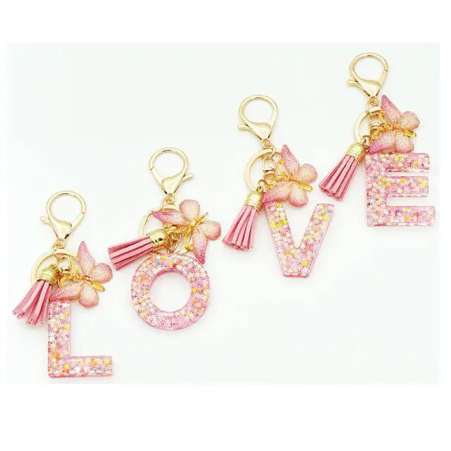Alt view image 6 of 6 - Initial Letter Keychain for Women Gift for Young Teenage Girl Gifts for Christmas to Mom Daughter Pink tassel (pink snow LetterR)