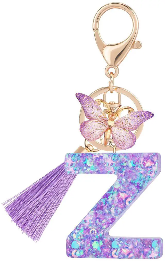 Main image of Colourful Cute Initial Letter Keychains for Women Girls with Tassel Butterfly, Charm for Purse Handbags Backpacks (Purple Dream Star Sky-Z)