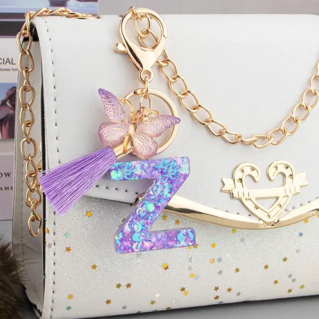 Alt view image 3 of 6 - Colourful Cute Initial Letter Keychains for Women Girls with Tassel Butterfly, Charm for Purse Handbags Backpacks (Purple Dream Star Sky-Z)