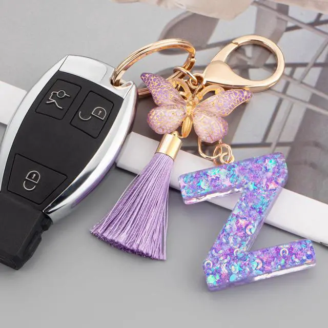 Alt view image 2 of 6 - Colourful Cute Initial Letter Keychains for Women Girls with Tassel Butterfly, Charm for Purse Handbags Backpacks (Purple Dream Star Sky-Z)