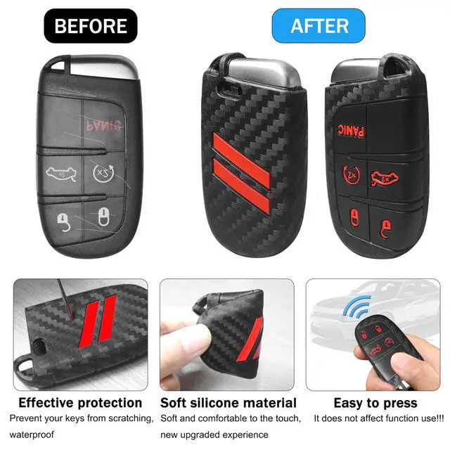 Alt view image 2 of 7 - Key Fob Cover with Keychain for Dodge Charger Durango Challenger Journey Dart Remote Control Key Fob Protect Shell Key Holder for Dodge Accessories (Carbon Fiber red Trim)