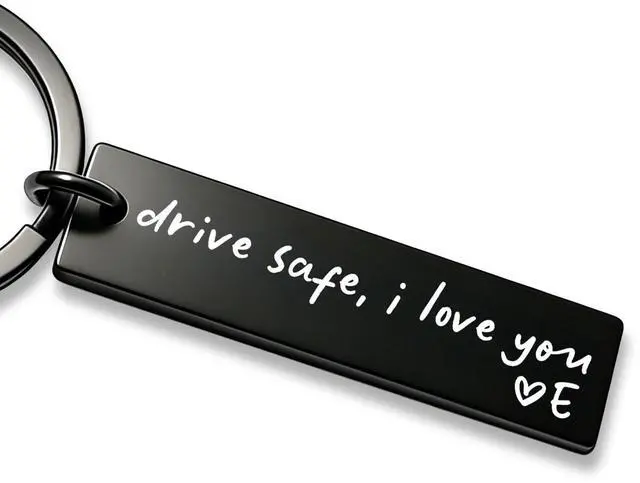 Main image of Drive Safe I Love You Keychain AZ Initial Engraved Key Ring Personalized Gift for Husband, Boyfriend & Family (E)
