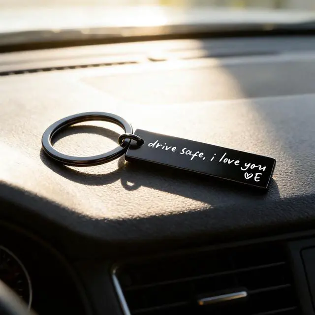 Alt view image 5 of 7 - Drive Safe I Love You Keychain AZ Initial Engraved Key Ring Personalized Gift for Husband, Boyfriend & Family (E)