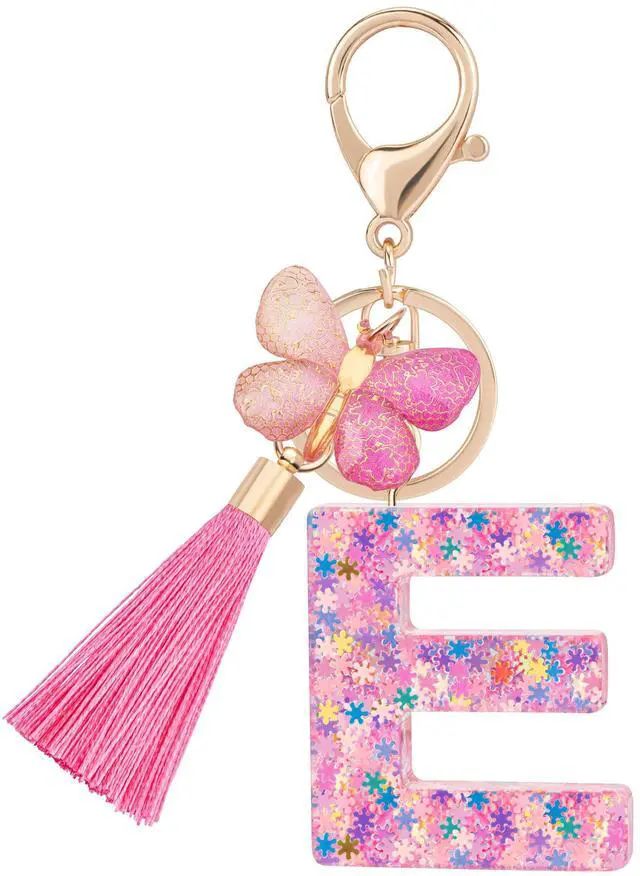 Main image of Cute Pink Key Chains for Women Girls, Initial Letter Keychains with Tassel, Charms for Key Purse Handbags Backpacks (Colorful Pink Butterfly-E)