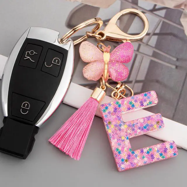 Alt view image 2 of 6 - Cute Pink Key Chains for Women Girls, Initial Letter Keychains with Tassel, Charms for Key Purse Handbags Backpacks (Colorful Pink Butterfly-E)