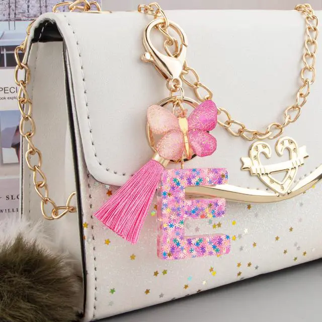 Alt view image 3 of 6 - Cute Pink Key Chains for Women Girls, Initial Letter Keychains with Tassel, Charms for Key Purse Handbags Backpacks (Colorful Pink Butterfly-E)