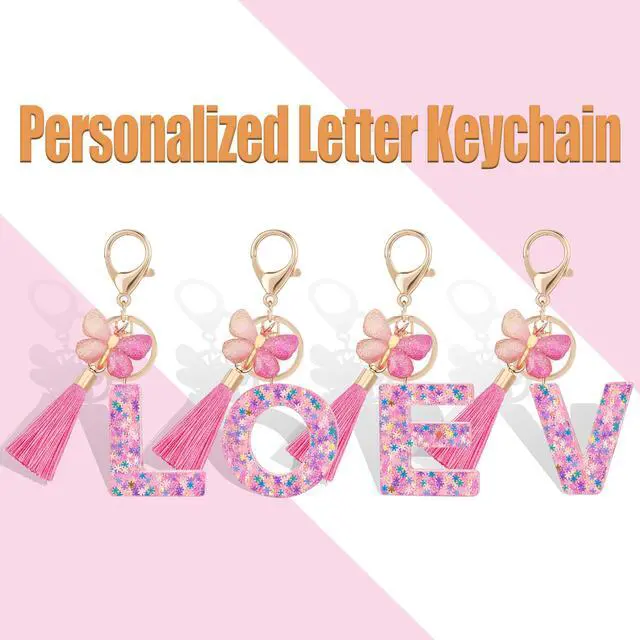 Alt view image 4 of 6 - Cute Pink Key Chains for Women Girls, Initial Letter Keychains with Tassel, Charms for Key Purse Handbags Backpacks (Colorful Pink Butterfly-E)