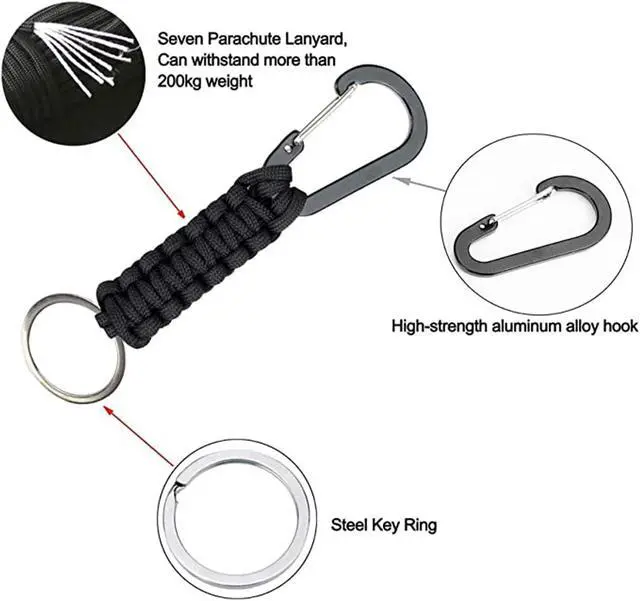 Alt view image 3 of 7 - Keychain Hook with Paracord Strap 1 Black 1 Pink Metal Key Ring Carabiner Hanger para Cord D Locking Keyring Clip for Keys, Backpacks, Boys, Girls, Men, Women, Camping, Hiking, Travailing