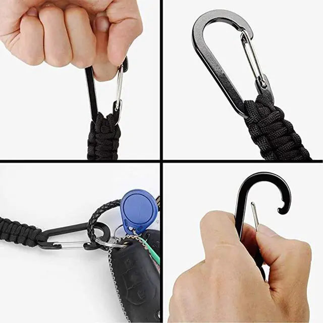 Alt view image 4 of 7 - Keychain Hook with Paracord Strap 1 Black 1 Pink Metal Key Ring Carabiner Hanger para Cord D Locking Keyring Clip for Keys, Backpacks, Boys, Girls, Men, Women, Camping, Hiking, Travailing