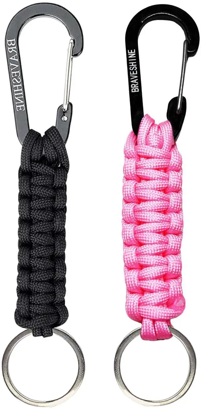 Main image of Keychain Hook with Paracord Strap 1 Black 1 Pink Metal Key Ring Carabiner Hanger para Cord D Locking Keyring Clip for Keys, Backpacks, Boys, Girls, Men, Women, Camping, Hiking, Travailing