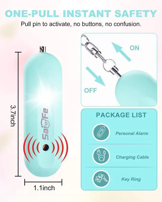 Alt view image 5 of 7 - Personal Safety Alarm for Women - Waterproof Rechargeable Security Alarm - 140dB Extra Loud Siren with SOS Strobe Light - Self Defense Keychain for Women Girls Teens Seniors(Blue)