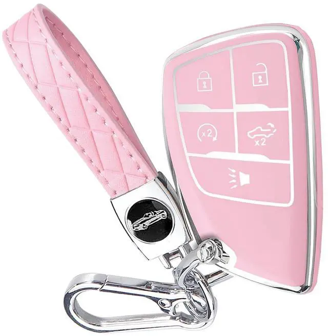 Main image of Key Fob Cover for Chevy GMC with Keychain, Silverado Sierra Tahoe Suburban Equinox Traverse Yukon Denali Terrain Buick Envision Premium Soft TPU Case (5 Buttons Pink)
