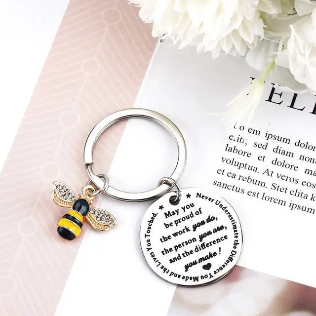 Alt view image 2 of 4 - Bee Keychain Thank You Keyring for Women Men Cute Inspirational Keychain for Teacher Coworkers Friends Appreciation Gifts for Her Him Retirement Graduation Teachers Day Birthday Christmas