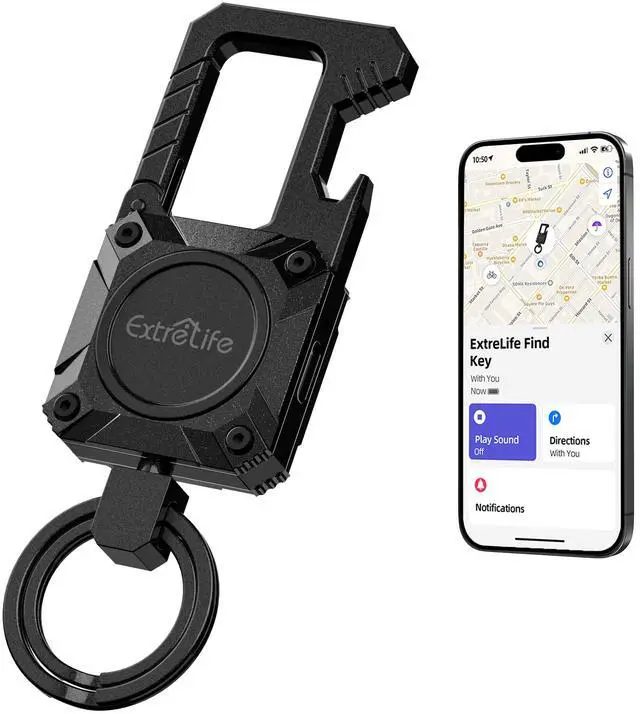 Main image of Keychain, Works with Apple Find My, Heavy Duty Keychain Bottle Opener, Carabiner Car Key Chains with GPS Tracker, Key Finder, Bluetooth Tracker for Luggage, Kids, Bags and More, Rechargeable, Black