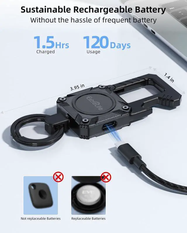 Alt view image 4 of 7 - Keychain, Works with Apple Find My, Heavy Duty Keychain Bottle Opener, Carabiner Car Key Chains with GPS Tracker, Key Finder, Bluetooth Tracker for Luggage, Kids, Bags and More, Rechargeable, Black