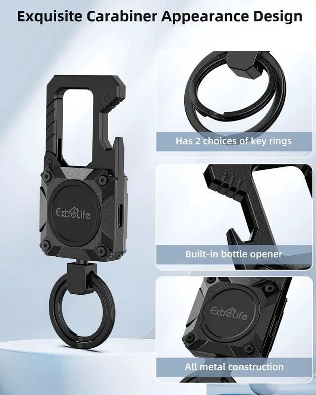 Alt view image 6 of 7 - Keychain, Works with Apple Find My, Heavy Duty Keychain Bottle Opener, Carabiner Car Key Chains with GPS Tracker, Key Finder, Bluetooth Tracker for Luggage, Kids, Bags and More, Rechargeable, Black