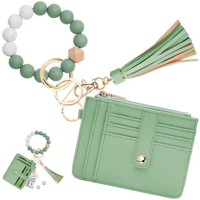 Main image of Wallet Keychain Wristlet for Women,Slim RFID Credit Card Holder Purse Tassel Keychain Bangle Key Ring for Men Women(Mint Green)