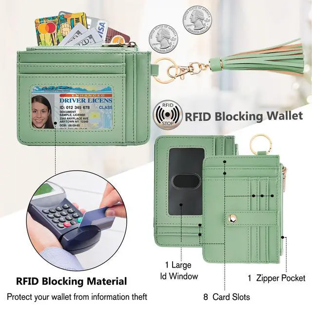 Alt view image 3 of 6 - Wallet Keychain Wristlet for Women,Slim RFID Credit Card Holder Purse Tassel Keychain Bangle Key Ring for Men Women(Mint Green)