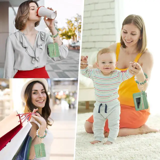 Alt view image 6 of 6 - Wallet Keychain Wristlet for Women,Slim RFID Credit Card Holder Purse Tassel Keychain Bangle Key Ring for Men Women(Mint Green)