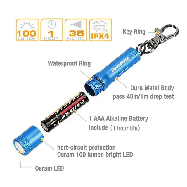Alt view image 7 of 7 - Keychain LED Flashlight Mini Bright Key Ring Portable Pocket Torch for EDC, Party Favors, Night Reading, Camping, Power Outage, Emergency, AAA Battery Included, Blue