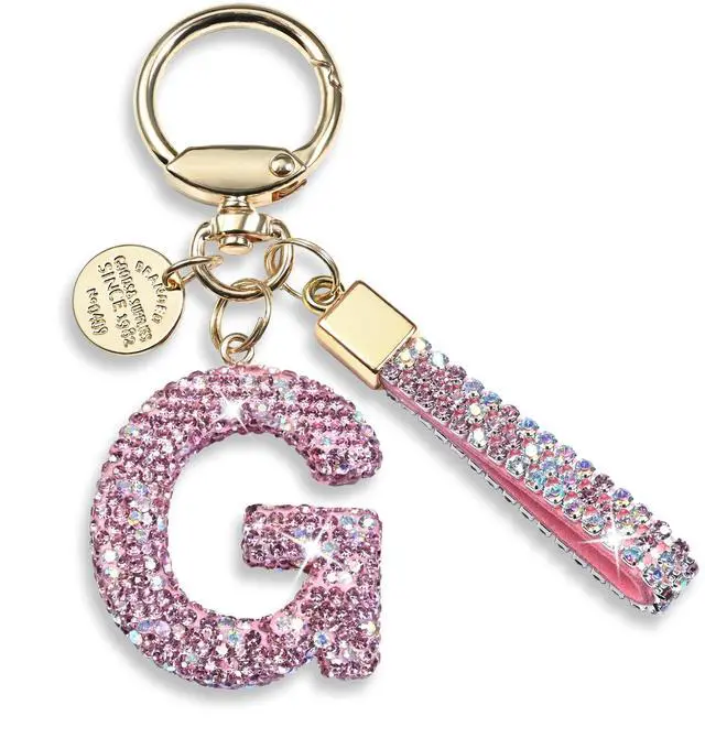 Main image of Pink Blue White Initial Letter Keychain Gift for Women Girls Bling Sparkly Cute Backpack Car Key Accessories Lanyard (G-pink)
