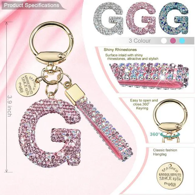 Alt view image 2 of 6 - Pink Blue White Initial Letter Keychain Gift for Women Girls Bling Sparkly Cute Backpack Car Key Accessories Lanyard (G-pink)