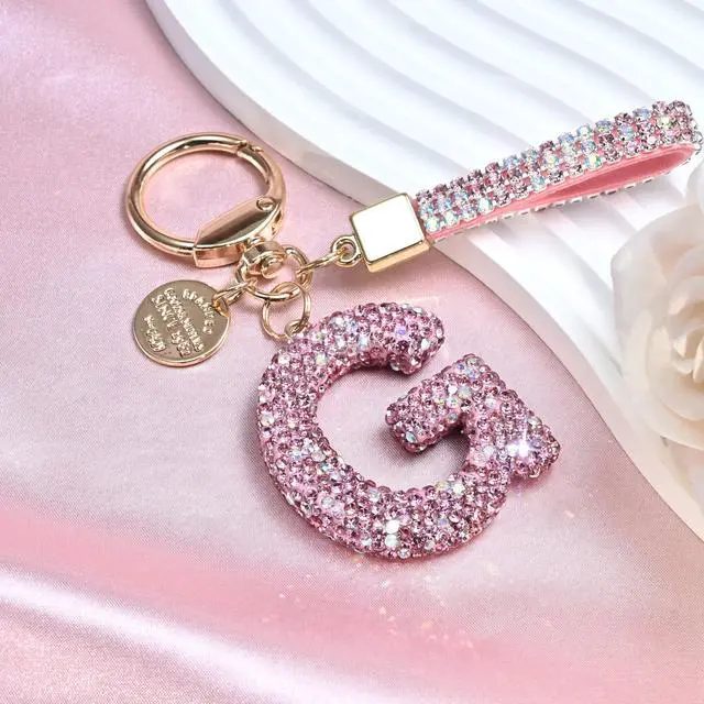 Alt view image 3 of 6 - Pink Blue White Initial Letter Keychain Gift for Women Girls Bling Sparkly Cute Backpack Car Key Accessories Lanyard (G-pink)