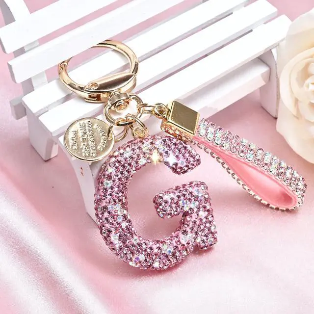 Alt view image 4 of 6 - Pink Blue White Initial Letter Keychain Gift for Women Girls Bling Sparkly Cute Backpack Car Key Accessories Lanyard (G-pink)