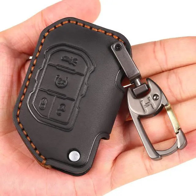 Main image of Leather Car Key Fob Cover for Jeep Gladiator Wrangler Sahara Black