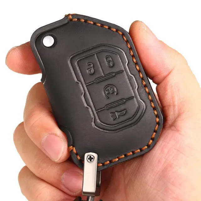 Alt view image 3 of 7 - Leather Car Key Fob Cover for Jeep Gladiator Wrangler Sahara Black