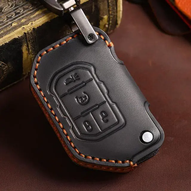 Alt view image 5 of 7 - Leather Car Key Fob Cover for Jeep Gladiator Wrangler Sahara Black