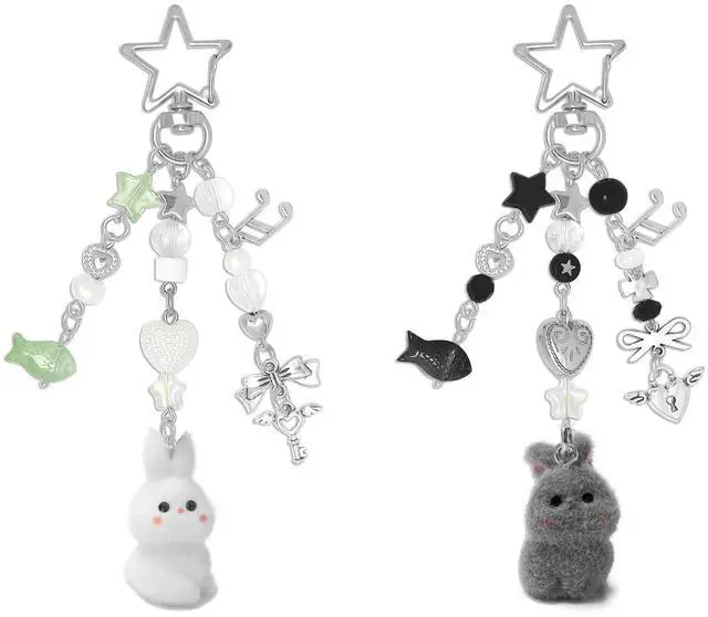 Main image of Cute Pink Keychain,Fuzzy Cat Keychain Aesthetic Y2K KeychainStylish KeychainsAccessories (Gray & White Rabbit)