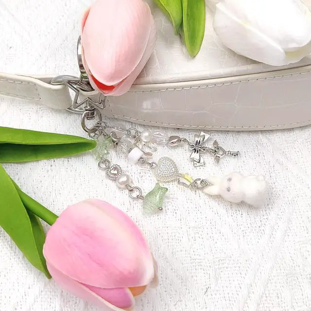 Alt view image 3 of 6 - Cute Pink Keychain,Fuzzy Cat Keychain Aesthetic Y2K KeychainStylish KeychainsAccessories (Gray & White Rabbit)