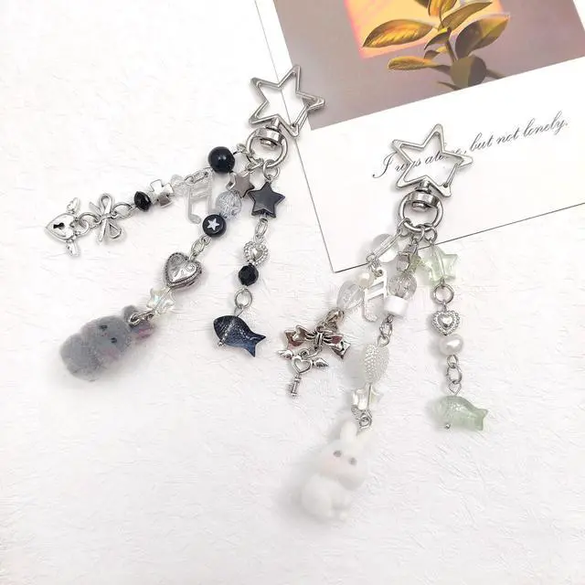 Alt view image 6 of 6 - Cute Pink Keychain,Fuzzy Cat Keychain Aesthetic Y2K KeychainStylish KeychainsAccessories (Gray & White Rabbit)