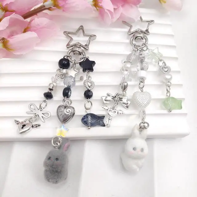 Alt view image 5 of 6 - Cute Pink Keychain,Fuzzy Cat Keychain Aesthetic Y2K KeychainStylish KeychainsAccessories (Gray & White Rabbit)