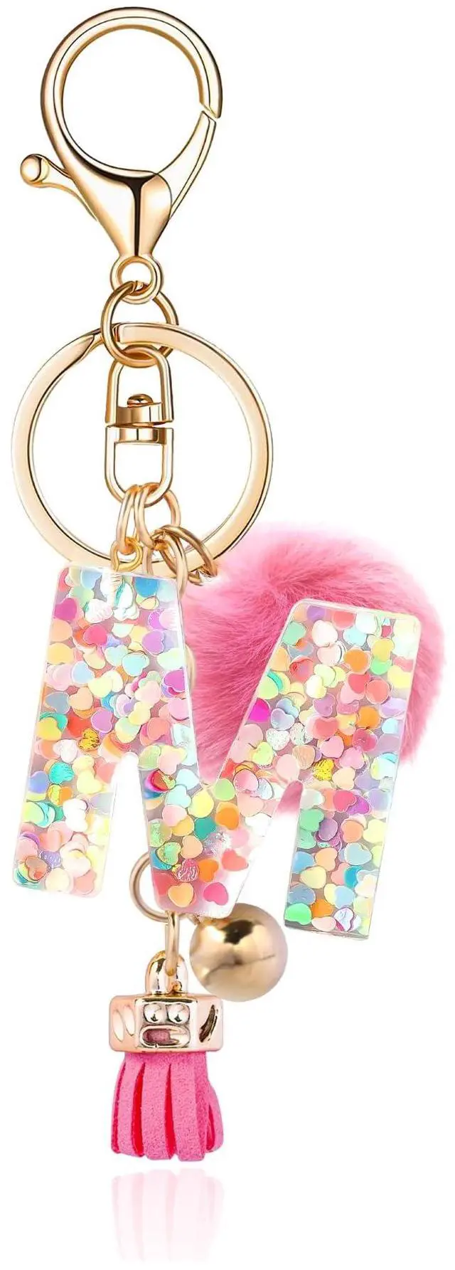 Main image of Deep Pink Resin Alphabet Initial Letter Keychain Keyring for Women Purse Handbags With Tassel&Fur Ball Pom('M')
