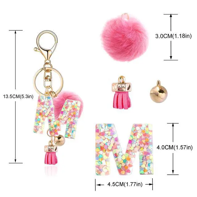 Alt view image 2 of 5 - Deep Pink Resin Alphabet Initial Letter Keychain Keyring for Women Purse Handbags With Tassel&Fur Ball Pom('M')