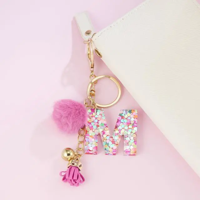 Alt view image 4 of 5 - Deep Pink Resin Alphabet Initial Letter Keychain Keyring for Women Purse Handbags With Tassel&Fur Ball Pom('M')