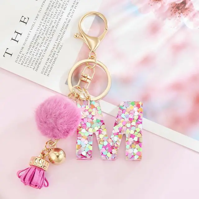 Alt view image 3 of 5 - Deep Pink Resin Alphabet Initial Letter Keychain Keyring for Women Purse Handbags With Tassel&Fur Ball Pom('M')