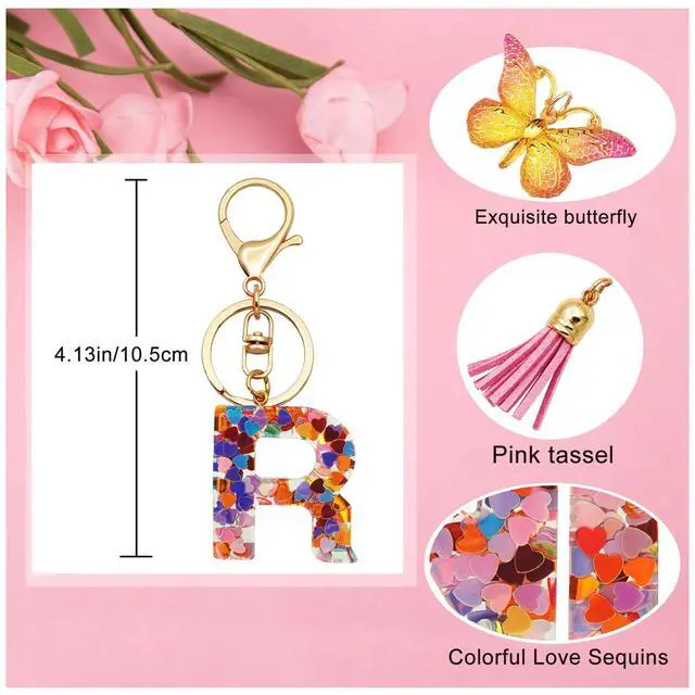 Alt view image 2 of 5 - Initial Letter Keychains for Girls Women Pink Purple Green Cute Butterfly Heart Keychain for Backpack School Bag (pink heart Letter R)