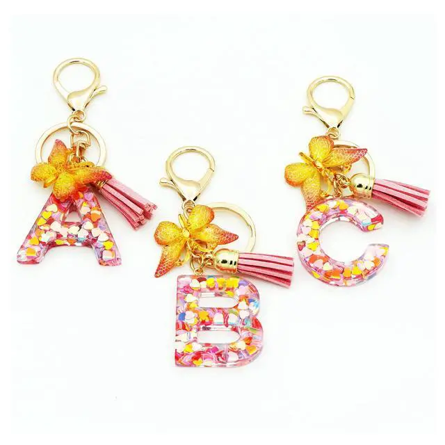 Alt view image 5 of 5 - Initial Letter Keychains for Girls Women Pink Purple Green Cute Butterfly Heart Keychain for Backpack School Bag (pink heart Letter R)