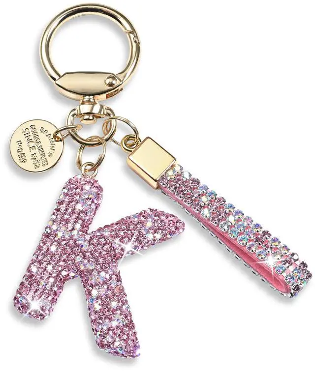 Main image of Pink Blue White Initial Letter Keychain Gift for Women Girls Bling Sparkly Cute Backpack Car Key Accessories Lanyard (K-pink)
